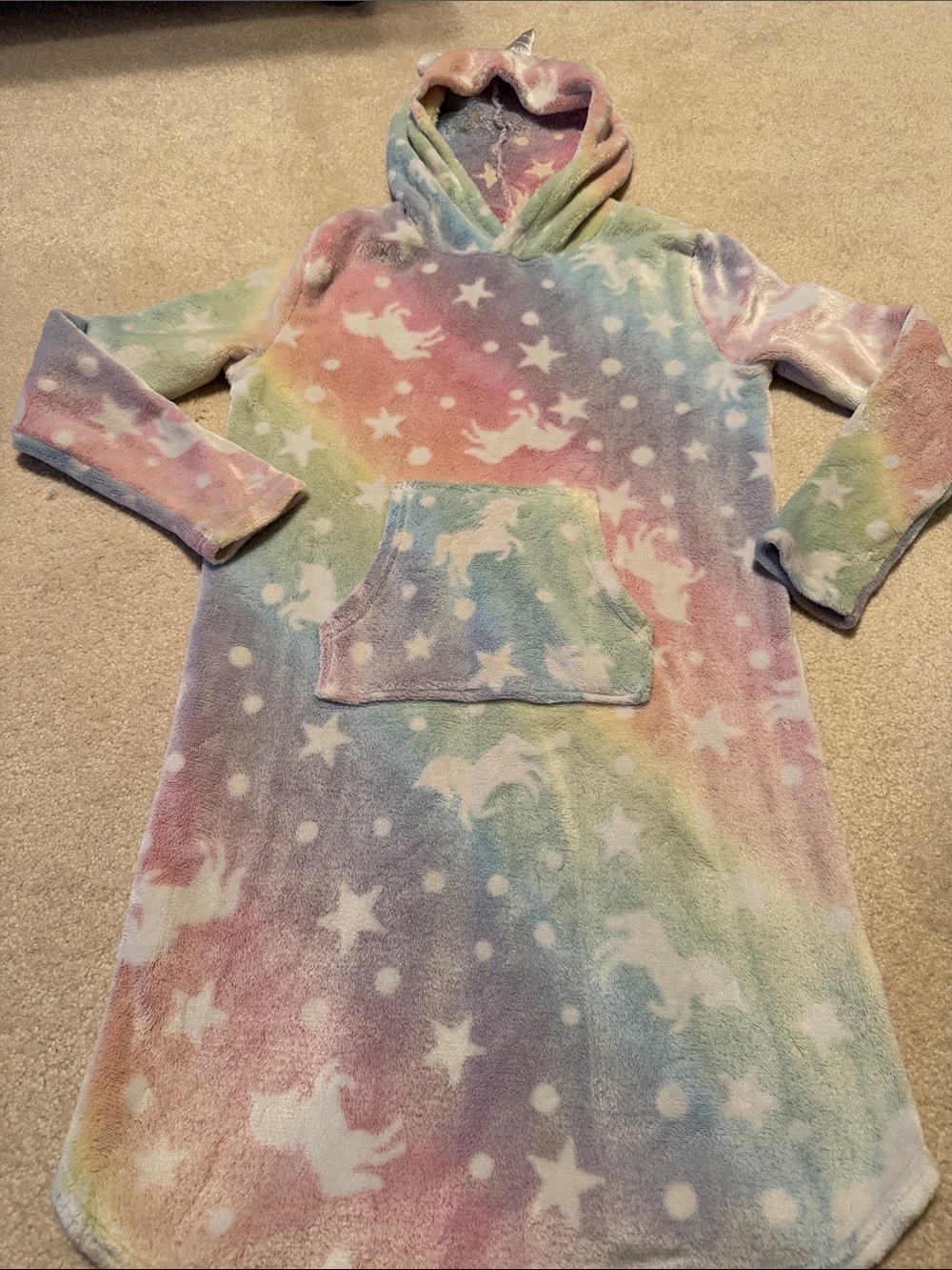 32 Degrees Girls' Pastel Rainbow Hooded Plush Nightgown with Unicorn Print